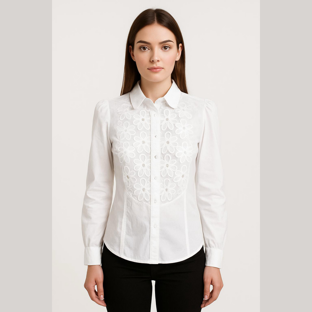 Vancl Cream Button Down Long Sleeve Shirt with Floral Crochet Accents